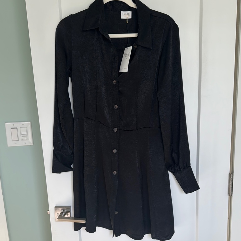 Black Long Sleeve Button-up Collar Dress